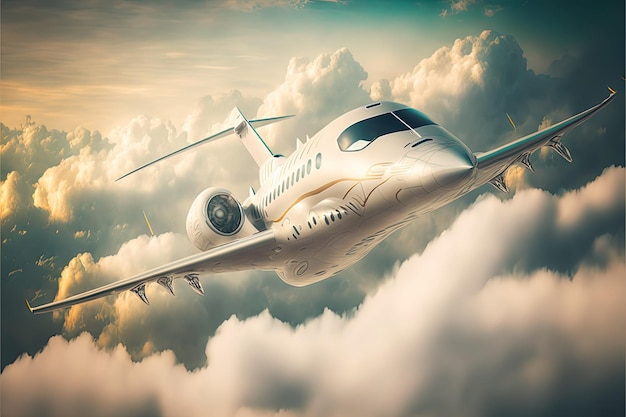 Photo lucurious private jet flying amont the cloud rich people lifestyle generative ai