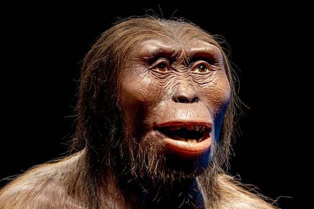 Lucy Neanderthaler cro-magnon vrouwtje geïsoleerd op zwart