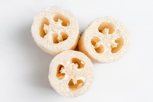 Luffa Loofah. Groentespons die uit de Luffa-installatie op lichte achtergrond wordt gehaald. Eco vriendelijke loofahs sponzen