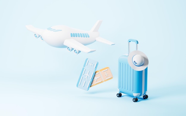 Luggage and airplane in the blue background Tourism theme 3d rendering