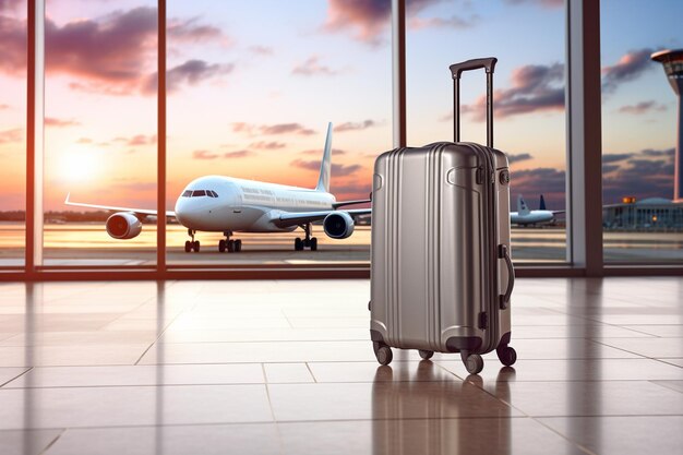 Luggage in airport terminal at sunset Ai Generated