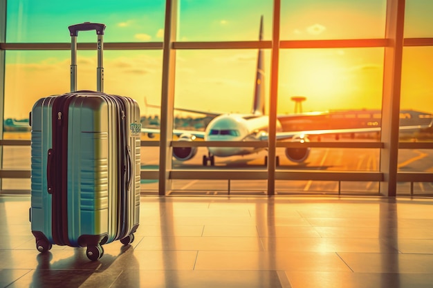 Luggage at the airport Travel bag suitcase left at the empty terminal Generative AI