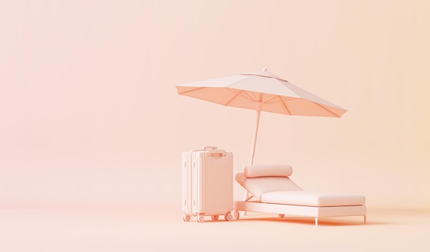 Luggage bag Beach chairs and umbrella on pastel cream background traveling summer concept