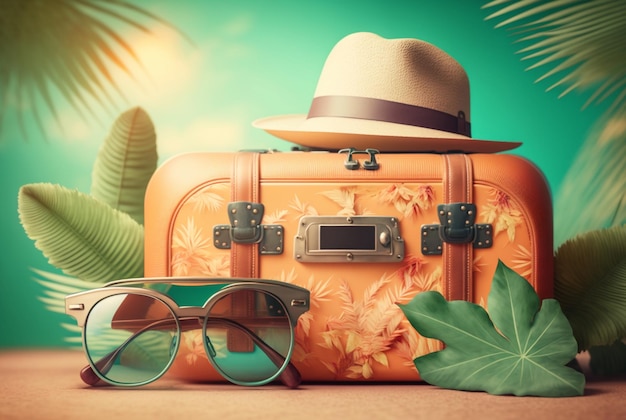 Сумка для багажа в шляпе и очках для путешествий на фоне пляжа летняя фотоконцепция генеративный ай