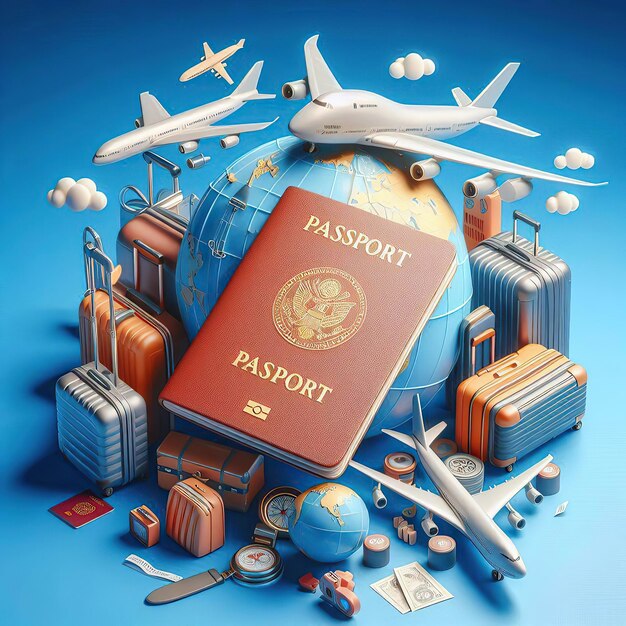 Photo luggage or baggage and planes placed on passport for making advertising media about tourism and all