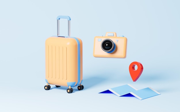 Luggage and camera in the blue background 3d rendering