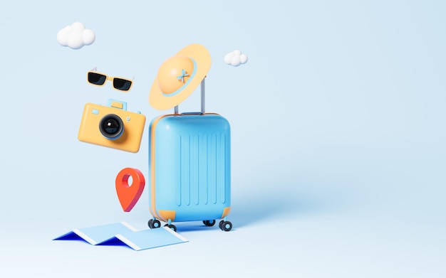 Luggage and camera in the blue background 3d rendering