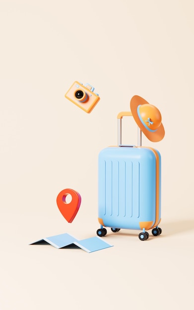 Luggage and camera in the yellow background 3d rendering