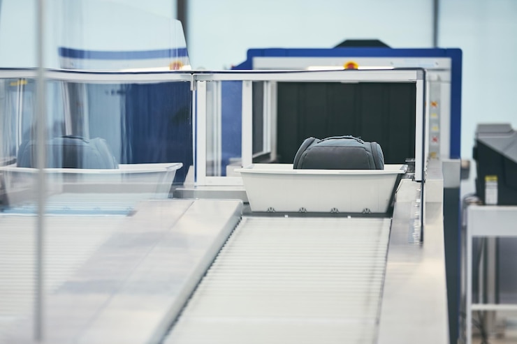 Photo luggage on conveyor belt at airport terminal