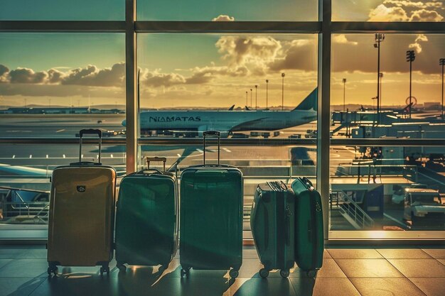 Luggage in an international airport terminal at sunset