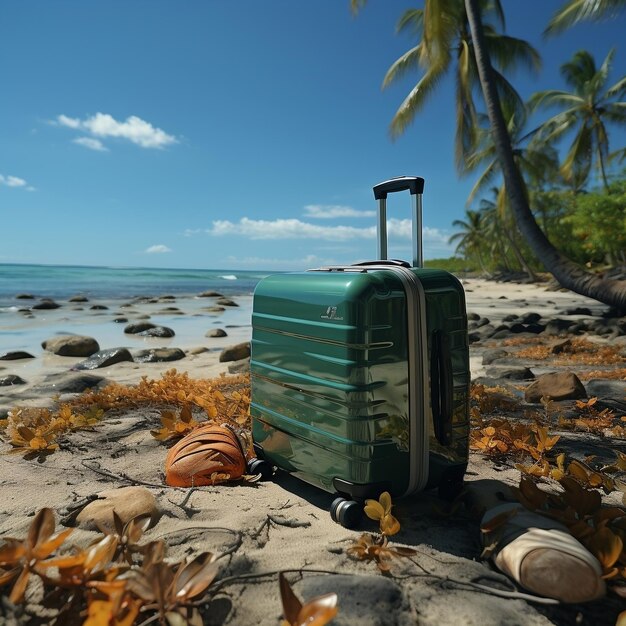 浜辺のナツメヤシの中の荷物