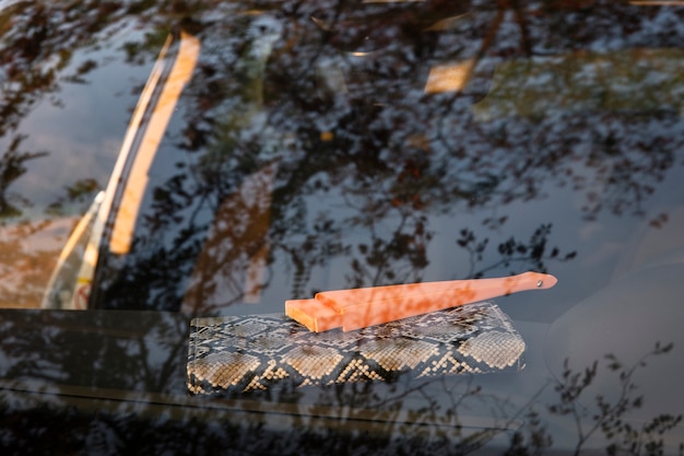 Foto bagagli visti dal finestrino posteriore dell'auto