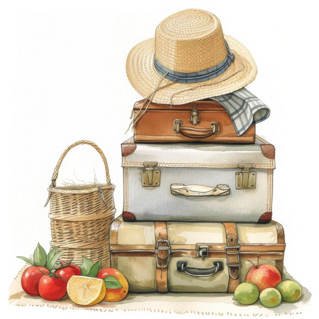 Картина на багаже и соломенной шляпе