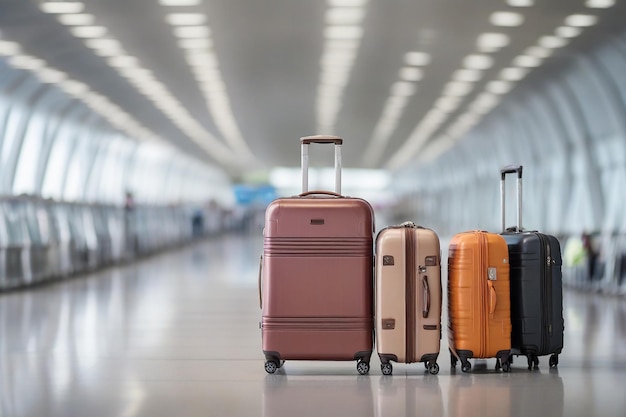 luggage suitcases at the airport wide banner with copy space area for vacations and holiday travel