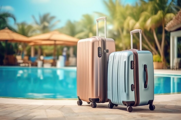 夏の観光のためのリゾートプールの隣の荷物スーツケース