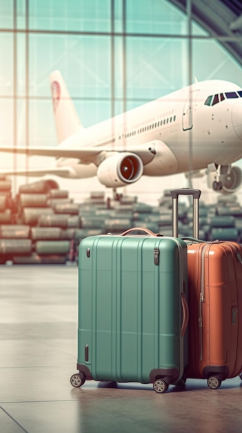 Luggage suitcases inside the airport with airplane in the background wide banner with copy space