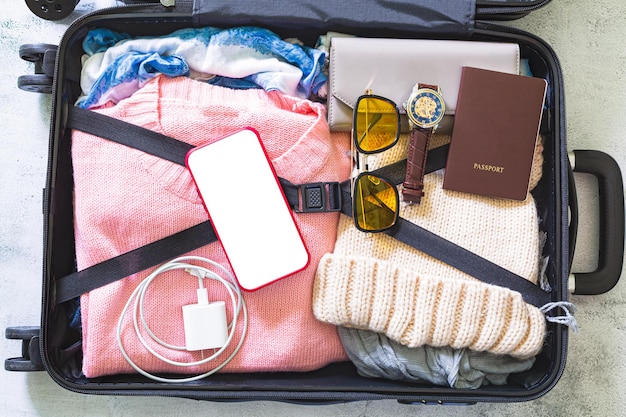 Luggage and travelcostume Travel equipment Passport suitcase sunglasses travel map fee prepared