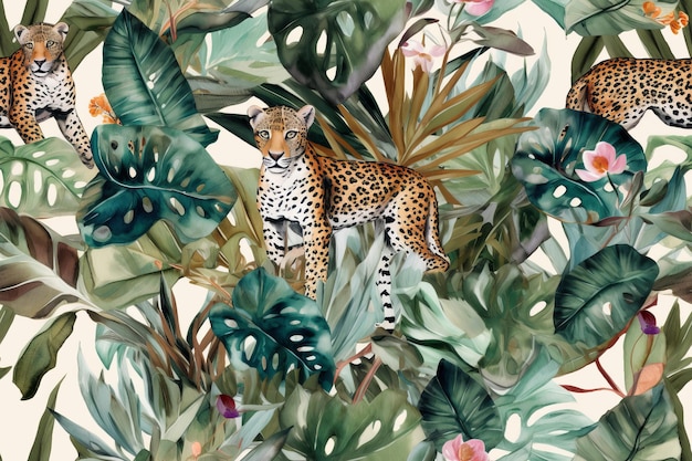 Luipaard in een tropische jungle perfect naadloos aquarel herhalend patroon Generatieve ai