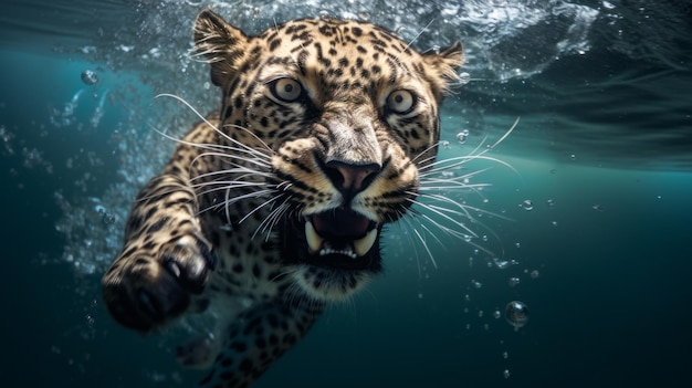 Luipaard springt in een water onderwaterfotografie Dierlijke duik in de diepte Wilde natuur