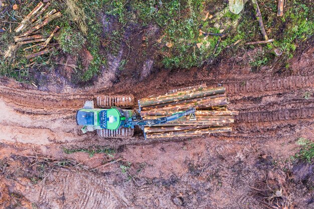 重機の空中写真によって泥だらけの道に沿って運ばれている材木
