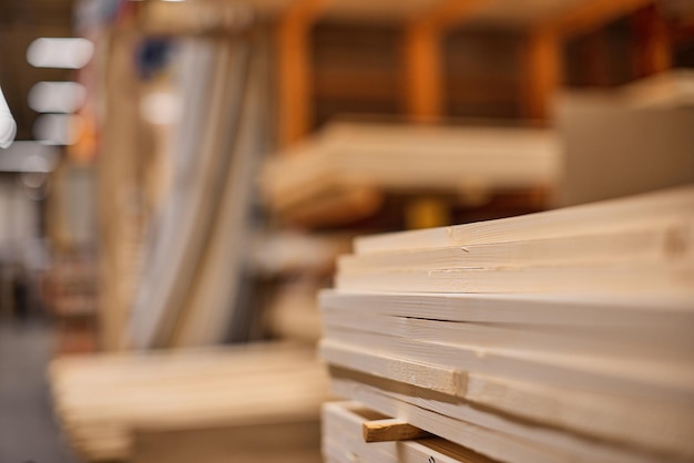 Lumber from boards in warehouse or in store for construction