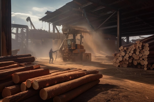 Lumber mill with logs being processed into lumber workers operating heavy machinery