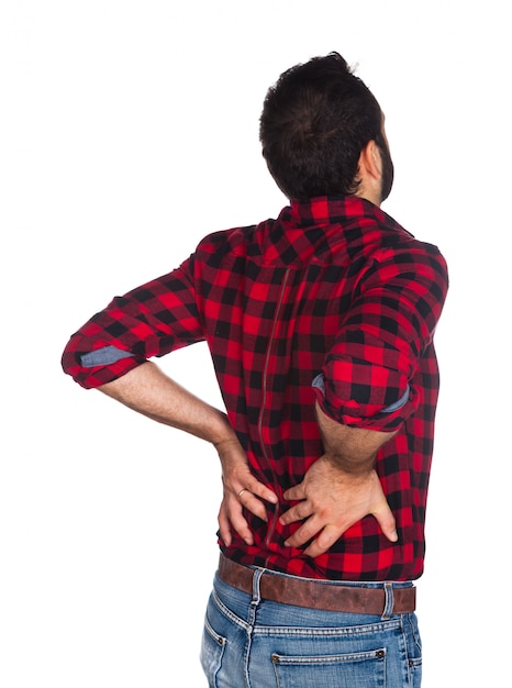 Lumberjack in plaid shirt with back pain