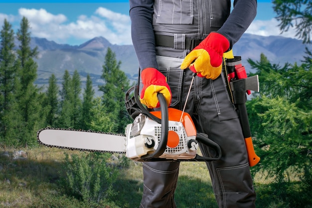 Lumberjack standing in the forest with axe and chainsaw. Banner for working in forest.