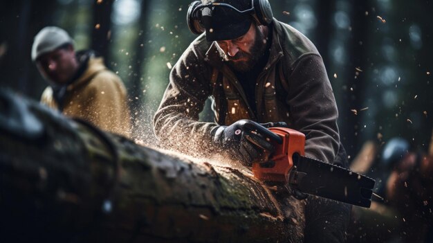 Photo lumberjacks with vintage saw emphasis on cooperative effort