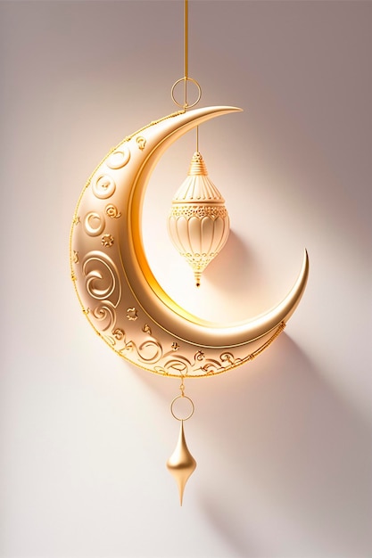 Luminaire in the shape of a golden crescent and an Arabic pendant lamp for the Islamic holiday of Ramadan Generative AI