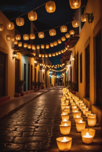 Foto luminarias werpen een warme gloed op een charmante mexicaanse straat