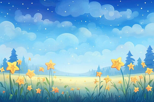 A luminescent blue and yellow flower field under a starry sky