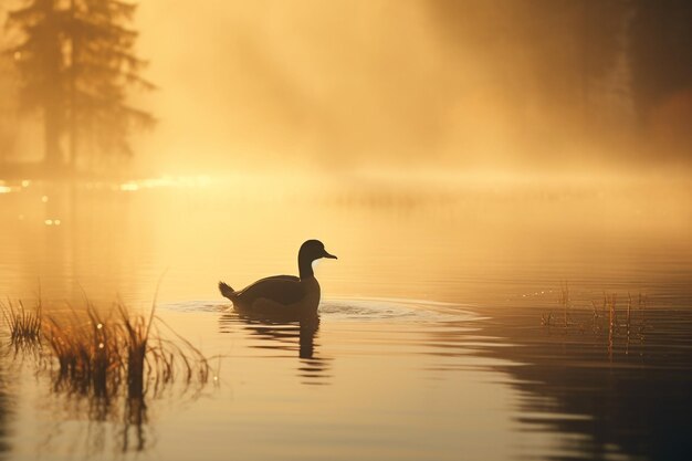 luminescent coot gliding across the surface of mistcovered pond