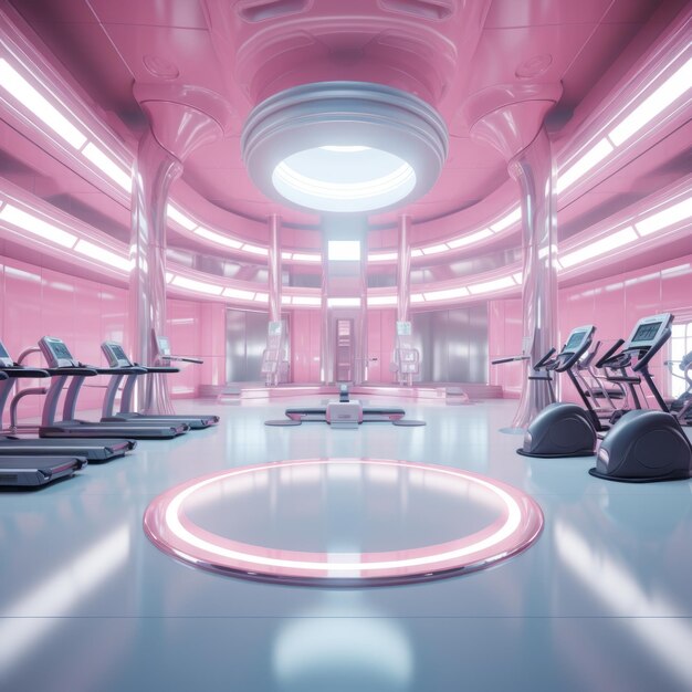 Photo the luminescent oasis a y2kinspired vision of a futuristic pink gym with glossy glowing equipment