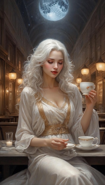 The luminescent silver hair cascades gracefully as she enjoys a quiet moment with a cup of tea