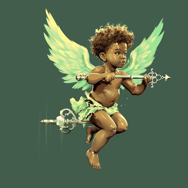 Foto luminous afrikaanse cherub baby engel met sleutelconcept op ariel grijze achtergrond.
