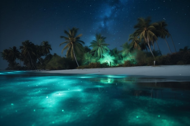 Luminous beach tree palm blue ocean vacation night paradise tropical sky Generative AI