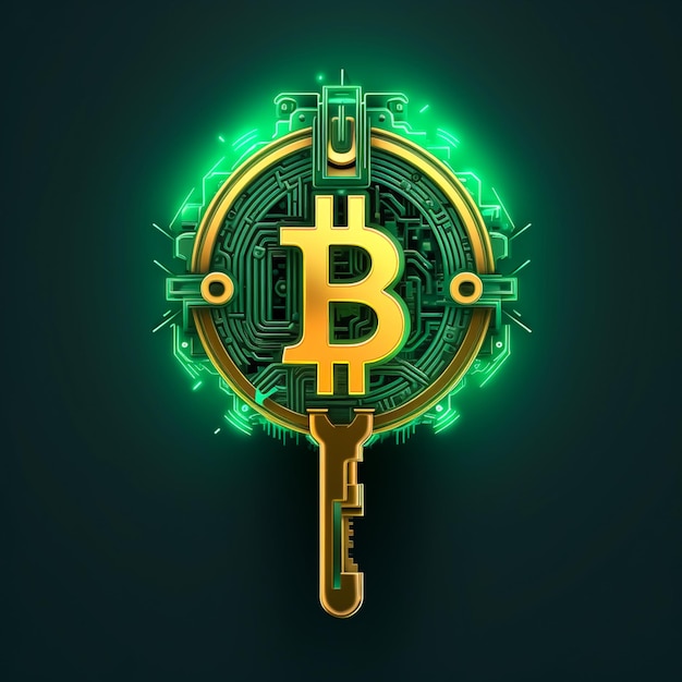 luminous bitcoin with key concept on arial grey background
