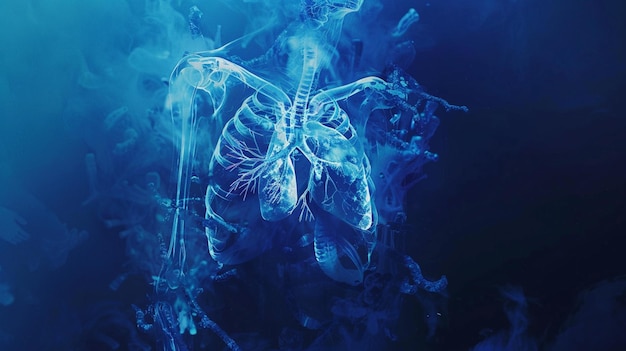 Luminous blue 3D rendering of human lungs highlighting the respiratory systems intricate structure