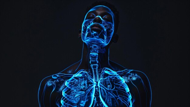 Foto rendering 3d blu luminoso dei polmoni umani che evidenzia la complessa struttura dei sistemi respiratori