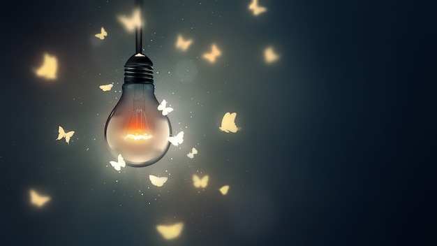 Luminous bulb and butterflies flying on light