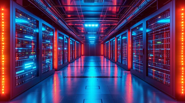 The luminous core of data security server room with racks aglow