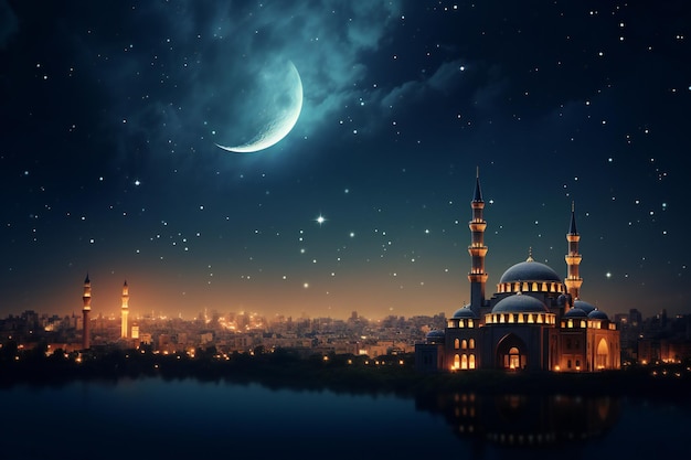 Luminous Crescent Mosque en Moon Grace de sterrenrijke nacht