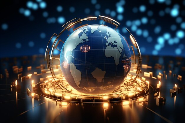 Luminous global sphere surrounded by digital currency arrows on a dark backdrop