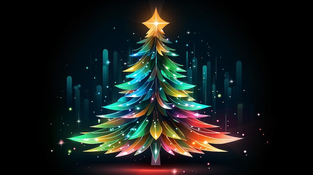 Luminous glowing christmas tree in the dark cartoon