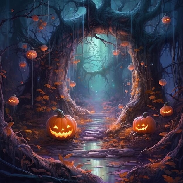 Photo luminous halloween pumpkins or jackolantern in the magic forest for halloween celebration design ge