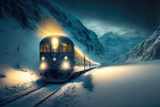 Luminous headlight polar express train rides between snowy high mountains created with generative ai