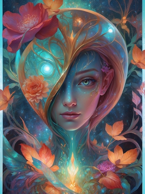 Luminous illustration of a Venusian goddess surrounded by a magical aura with flowers