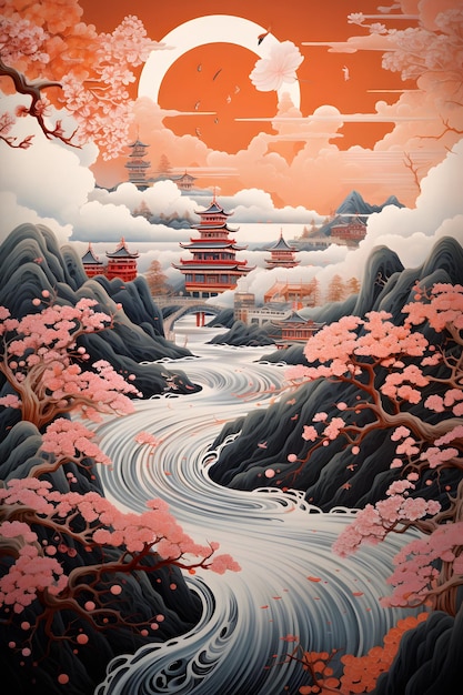 luminous japanese landscape painting traditional