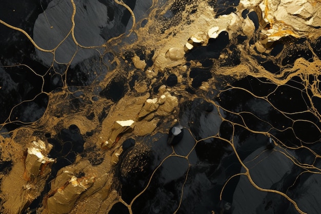 Luminous Kintsugi Gold en Black Textured Fluid Art generatieve AI
